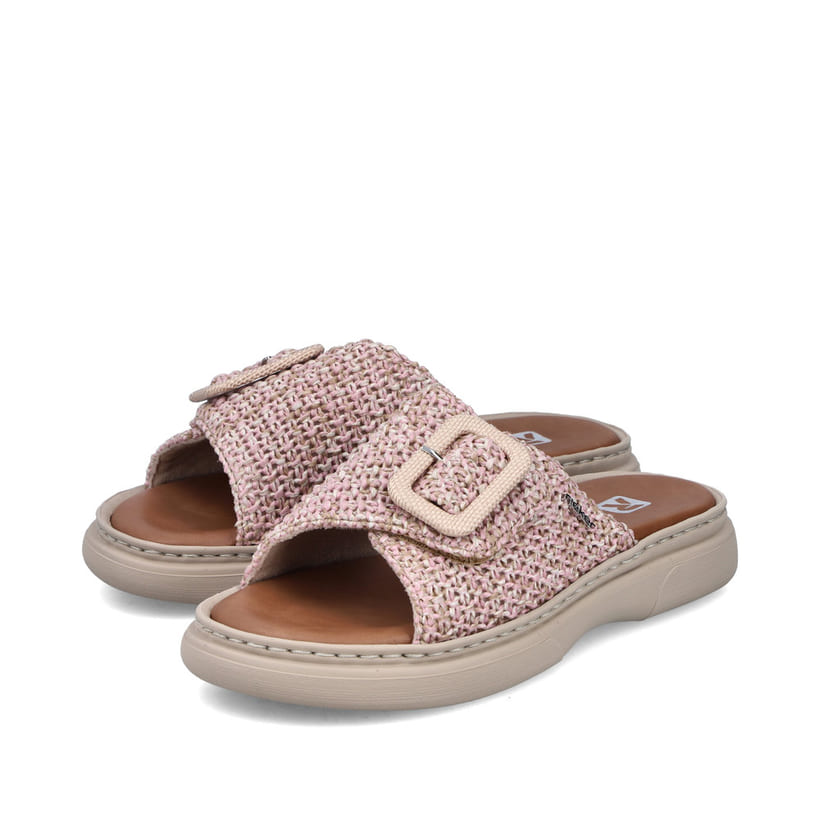 Mehrfarbige Rieker Damen Pantoletten V3053-90 mit trendiger Schnalle. Schuhpaar seitlich schräg.