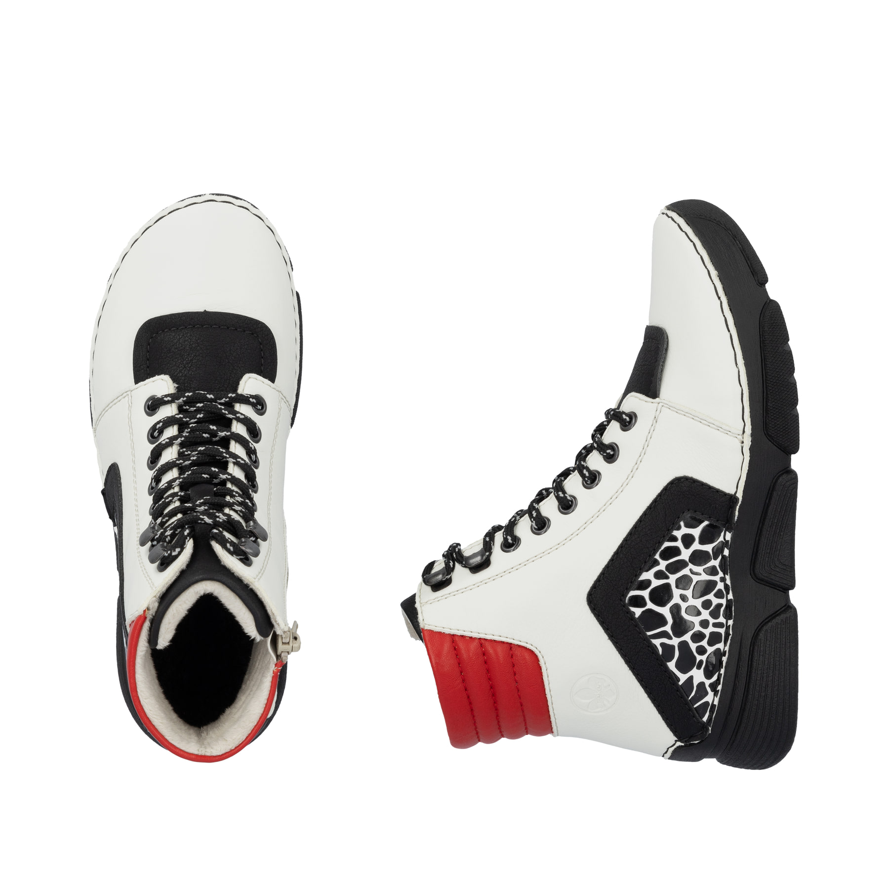 Weißschwarze Rieker Damen Schnürstiefel 45904-60 mit einem Reißverschluss. Schuh von oben, liegend.