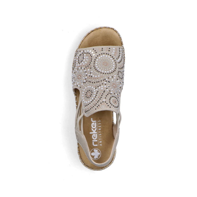 Beige Rieker Damen Sandalen V1246-62 mit Strasssteinen sowie einem Gummizug. Schuh von oben.