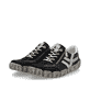Schwarze Rieker Damen Slipper L0363-00 mit einem Reißverschluss. Schuhpaar seitlich schräg.