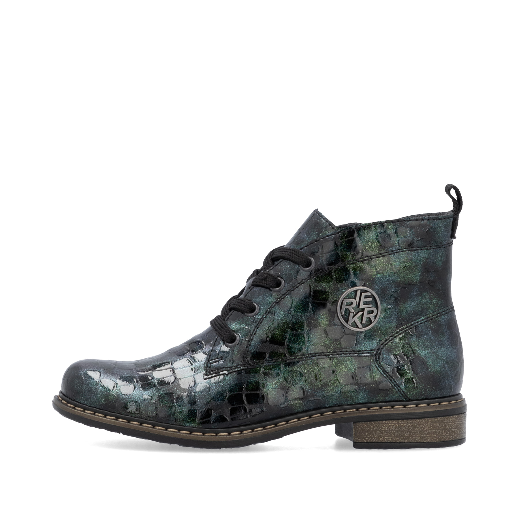 Blau-grüne Rieker Damen Schnürstiefel 71205-90 mit auffälligem Logo. Schuh Außenseite.