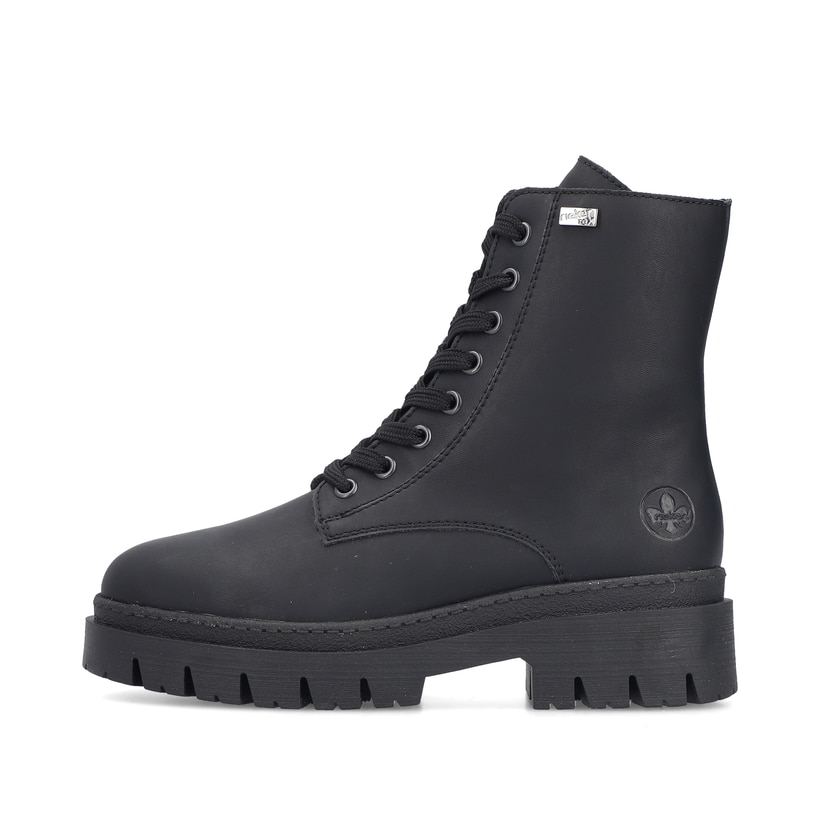 Schwarze Rieker Damen Biker Boots Z9447-00 mit wasserabweisender TEX-Membran. Schuh Außenseite.