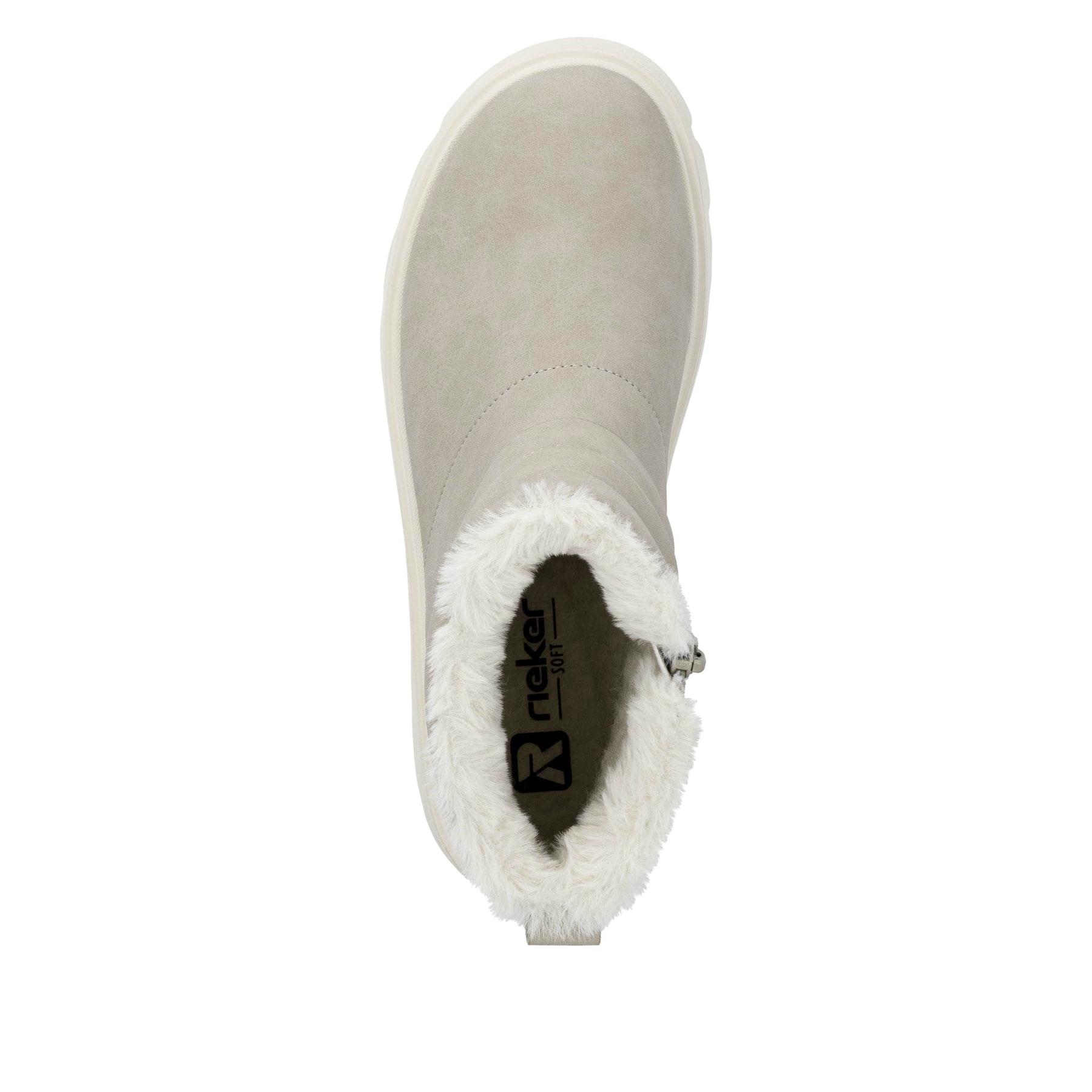 Beige Rieker Damen Kurzstiefel W2070-62 aus Glattleder mit einem Reißverschluss. Schuh von oben.