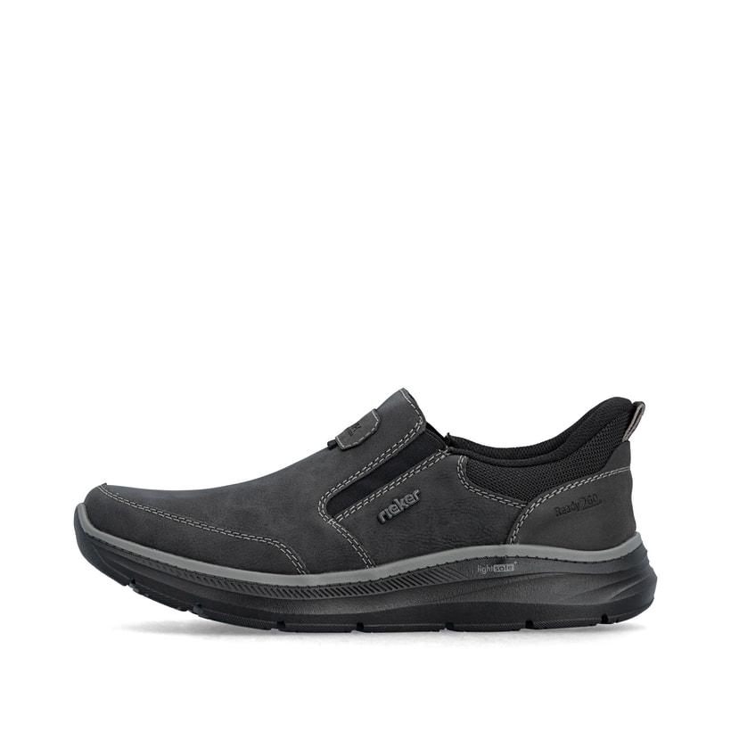 Schwarze Rieker Herren Slipper B1851-00 mit Ready2GO Schnell-Anziehfunktion. Schuh Außenseite.