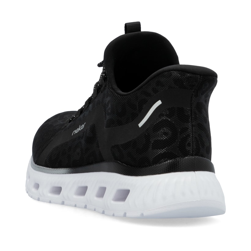 Schwarze Rieker Damen Sneaker Low M6066-01 mit Gummizug sowie flexibler Sohle. Schuh von hinten.