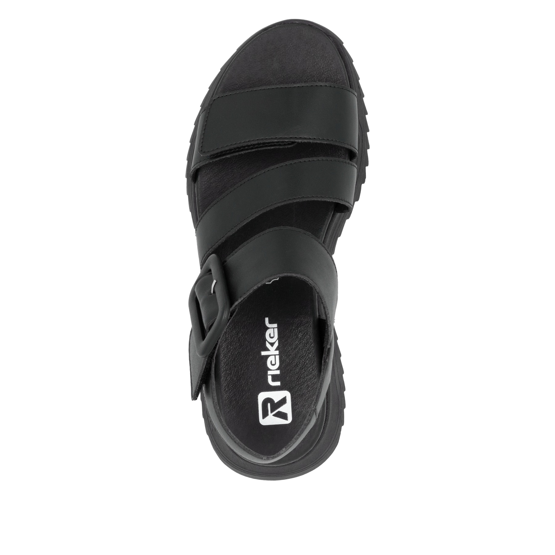 Schwarze Rieker Damen Riemchensandalen W2950-00 mit einem Klettverschluss. Schuh von oben.