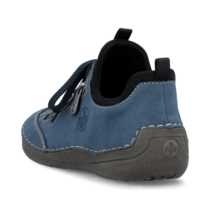 Ozeanblaue Rieker Damen Slipper 52573-14 mit Elastikeinsatz sowie einer leichten Sohle. Schuh von hinten