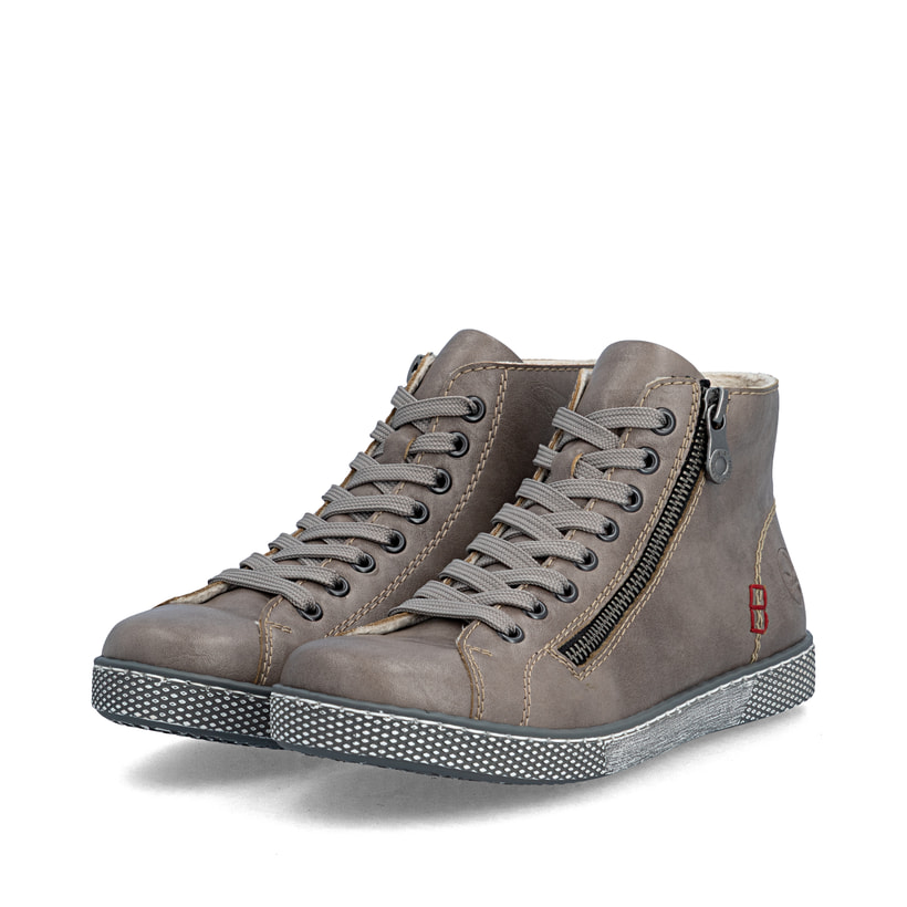 Hellgraue Rieker Damen Schnürstiefel Z1221-42 mit einem Reißverschluss. Schuhpaar seitlich schräg.