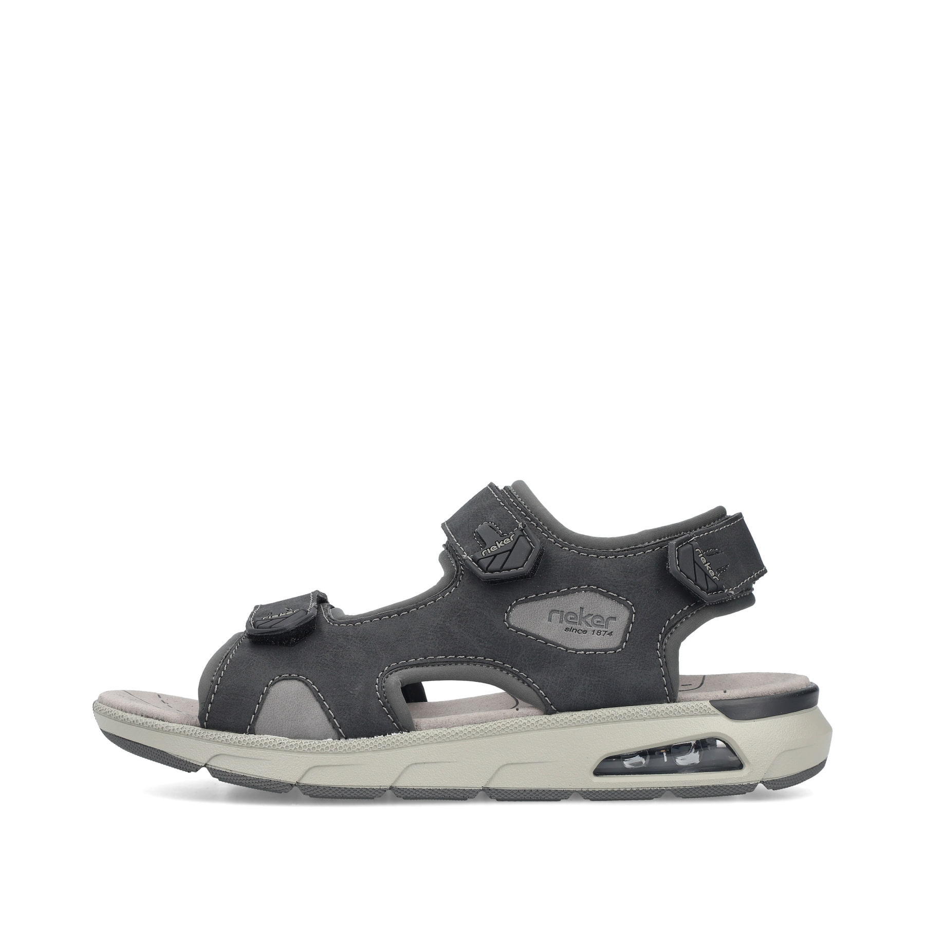 Schwarze Rieker Herren Trekkingsandalen 29151-00 mit Rieker Air Sohlenfenster. Schuh Außenseite.