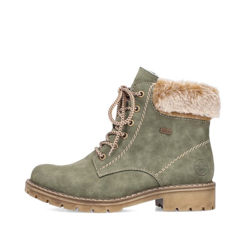 
Staubgraue Rieker Damen Stiefeletten Y9071-40 mit einer Profilsohle mit Blockabsatz. Schuh seitlich schräg