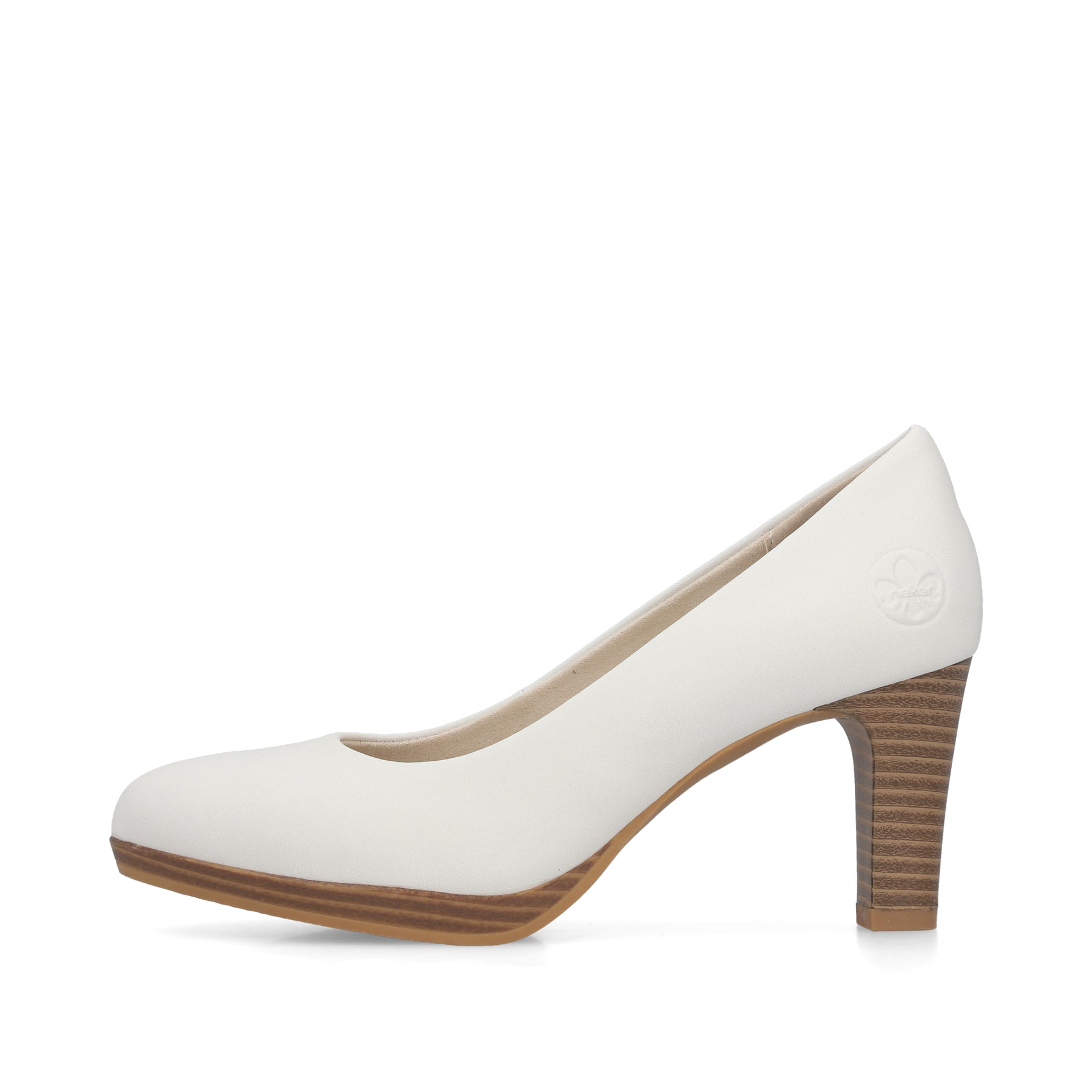 Weiße Rieker Pumps 41560-81 aus Glattleder mit einer griffigen Sohle. Schuh Außenseite.