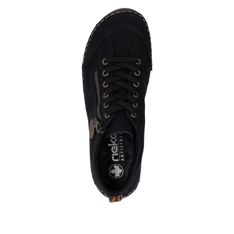Schwarze Rieker Damen Schnürstiefel 52514-00 mit auffälligem Logo. Schuh von oben.