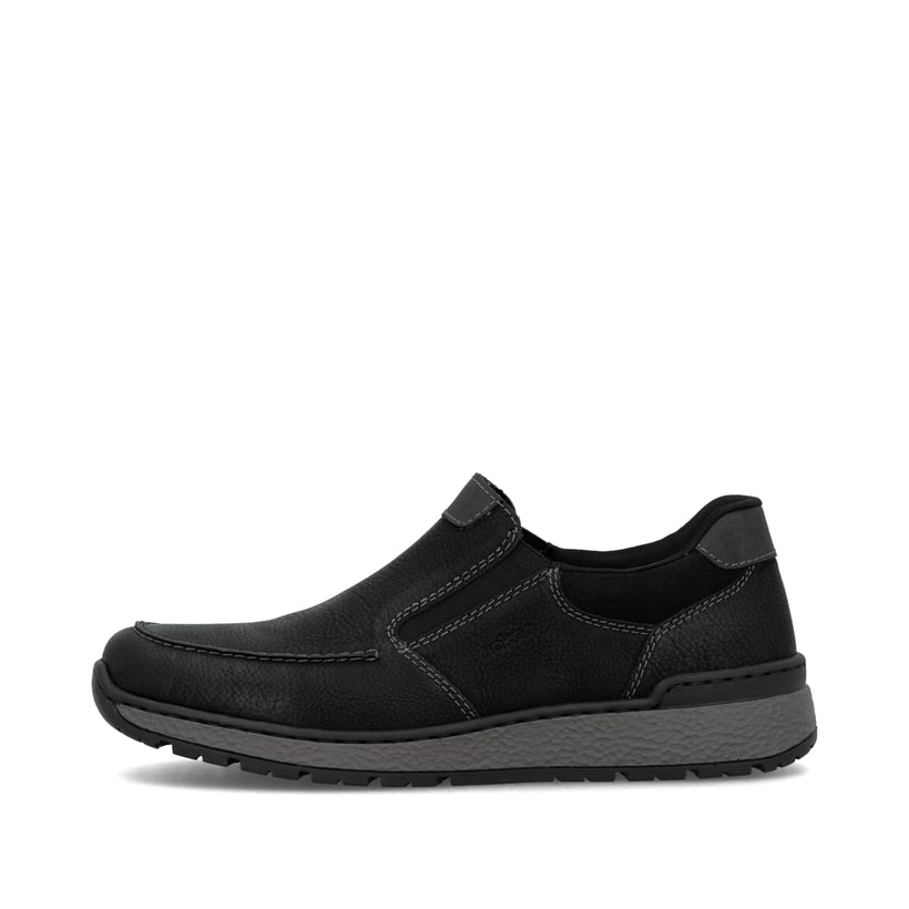
Tiefschwarze Rieker Herren Slipper B9062-00 mit einer schockabsorbierenden Sohle. Schuh Außenseite