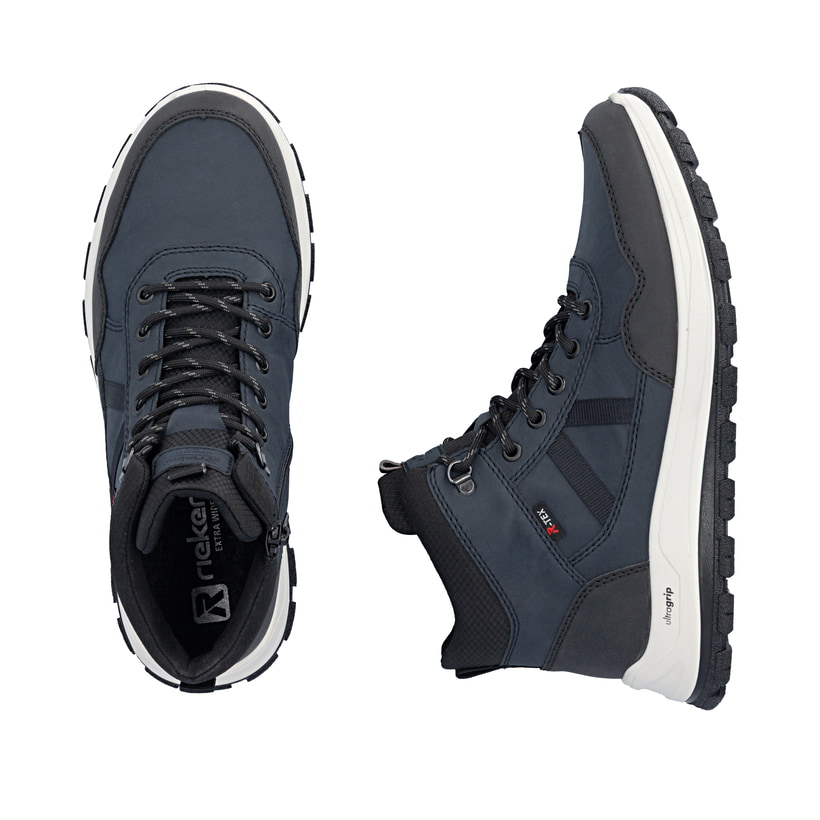 Dunkelblau-schwarze Rieker Herren Schnürstiefel B8120-14 mit Reißverschluss. Schuh von oben, liegend.