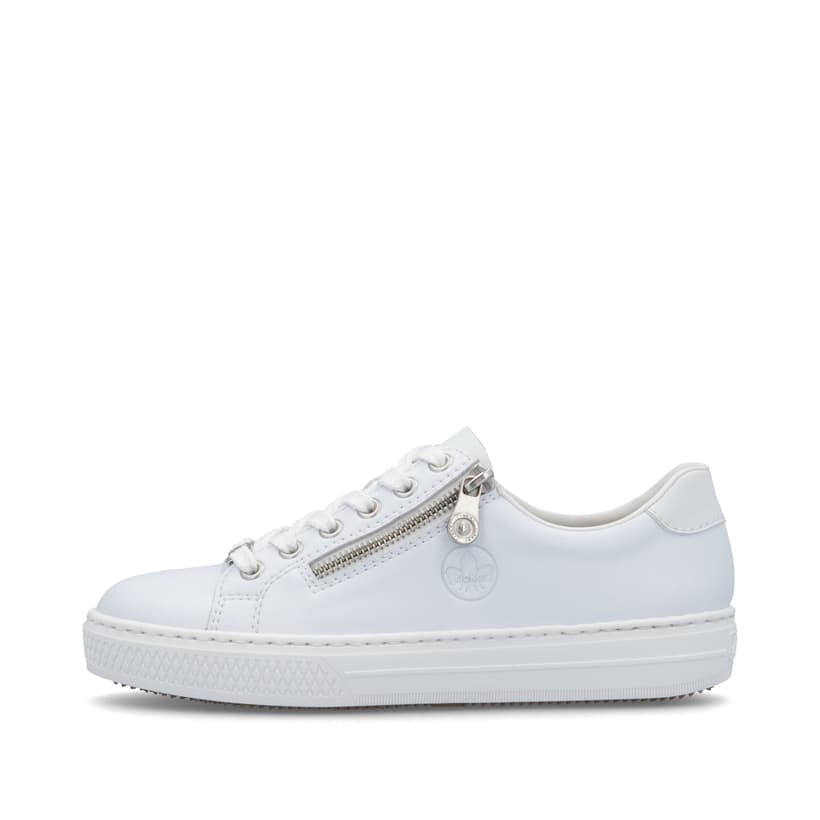 Weiße Rieker Damen Sneaker Low L59L1-83 mit einem Reißverschluss. Schuh Außenseite.
