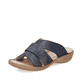 Blaue Rieker Damen Pantoletten 60897-14 mit der schmalen Passform E 1/2. Schuh seitlich schräg.