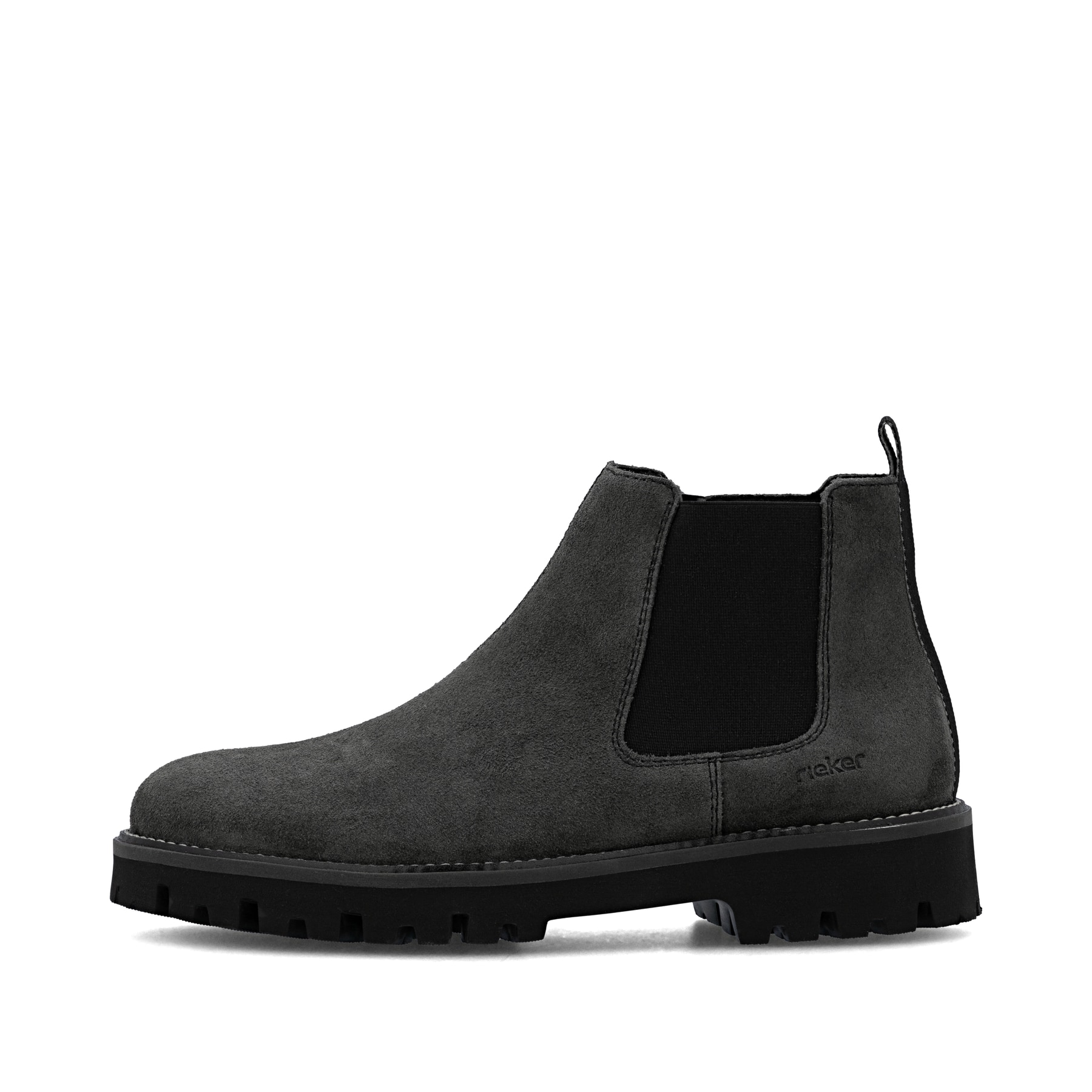 Graue Rieker Herren Chelsea Boots 30453-45 aus Rauleder mit einem Reißverschluss. Schuh Außenseite.
