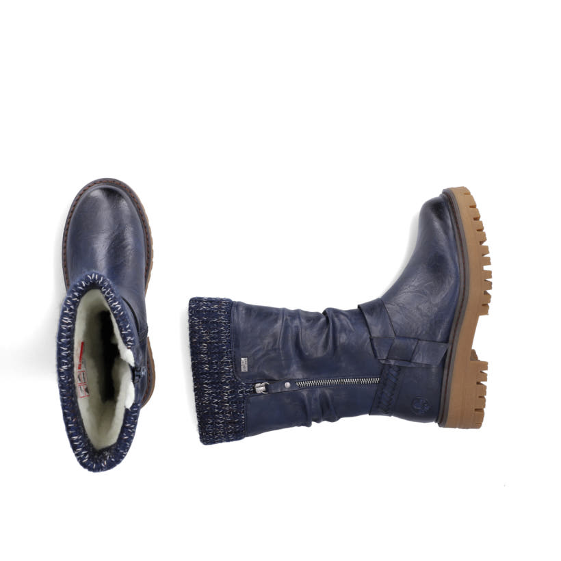 Dunkelblaue Rieker Damen Hochschaftstiefel 92984-14 mit modischer Faltenoptik. Schuh von oben, liegend.