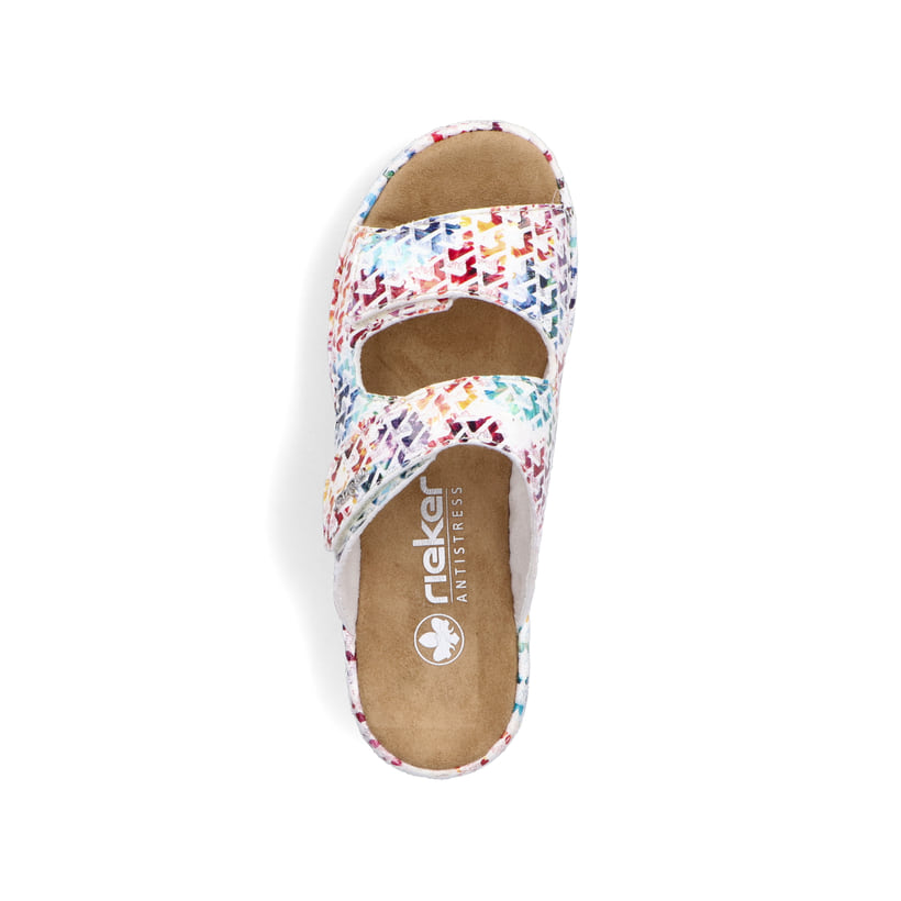 Mehrfarbige Rieker Damen Pantoletten V1392-90 mit einem Klettverschluss. Schuh von oben.