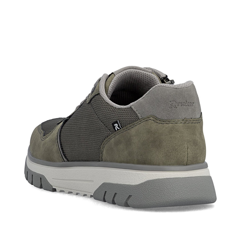 Baskets basses Rieker vertes pour homme B9302-54 avec fermeture éclair. Chaussure vue de l'arrière.