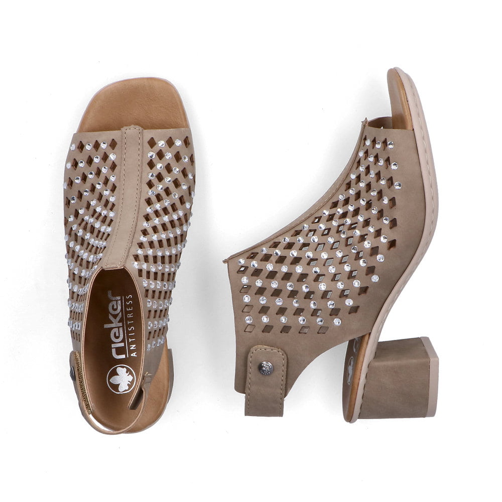 Beige Rieker Damen Sandaletten 64777-64 mit Strasssteinen sowie Klettverschluss. Schuh von oben, liegend.