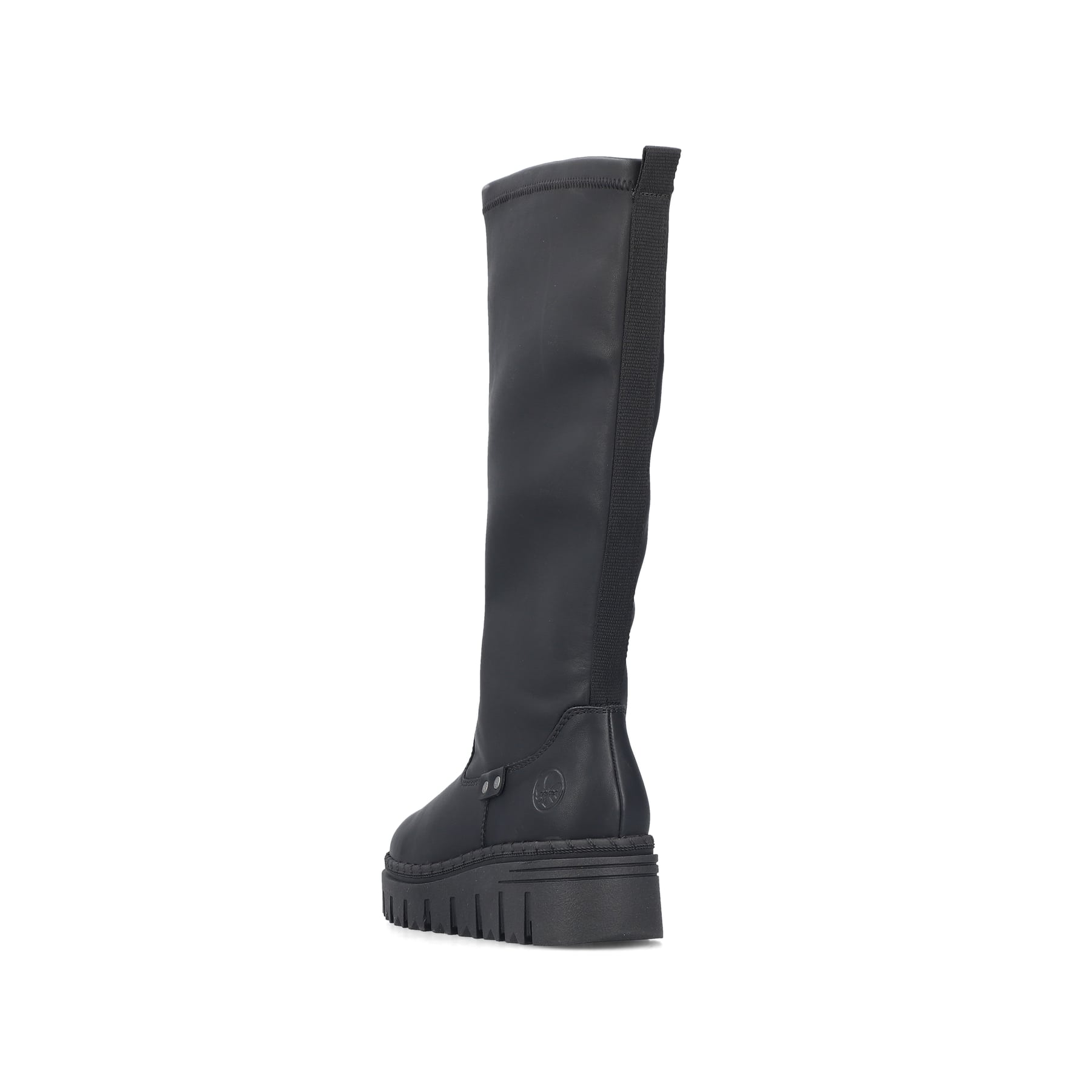 Schwarze Rieker Damen Hochschaftstiefel Z8990-00 mit einem Reißverschluss. Schuh von hinten.
