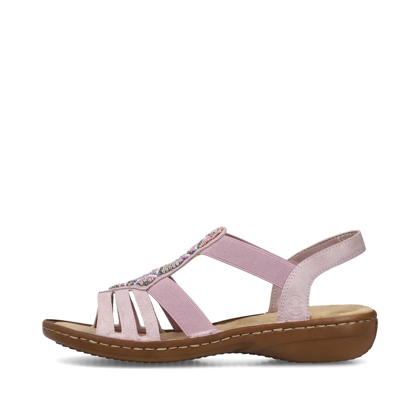 Pastellrosane Rieker Damen Riemchensandalen 60801-30 mit einem Elastikeinsatz. Schuh Außenseite.