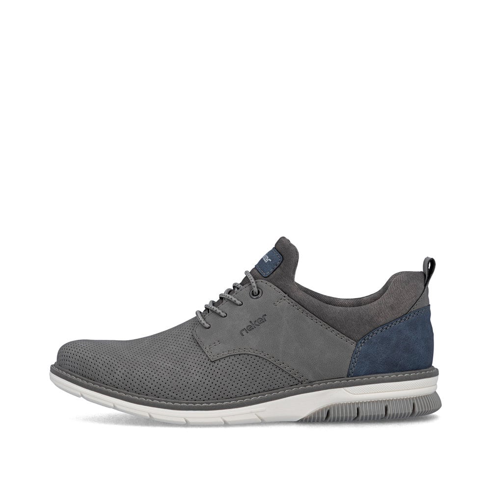 Graue Rieker Herren Slipper 14450-42 mit einem Gummizug sowie Komfortweite G 1/2. Schuh Außenseite.