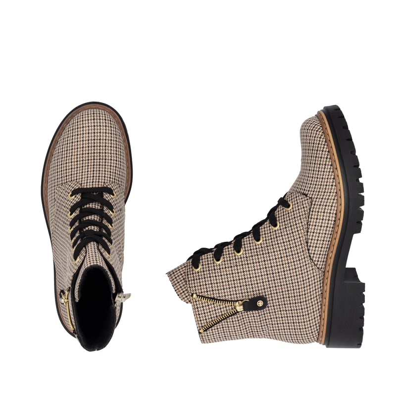 Beige-schwarze Rieker Damen Biker Boots 72617-60 mit Deko-Reißverschluss. Schuh von oben, liegend.