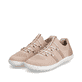 Rosane vegane Rieker Damen Slipper 52854-31, Barfußschuhe mit einem Gummizug. Schuhpaar seitlich schräg.
