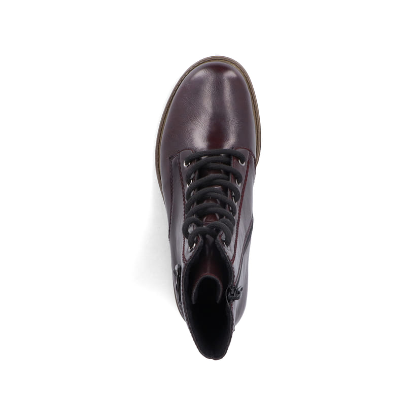 Schwarz-rote Rieker Damen Schnürstiefel 74802-35 mit einem Reißverschluss. Schuh von oben.