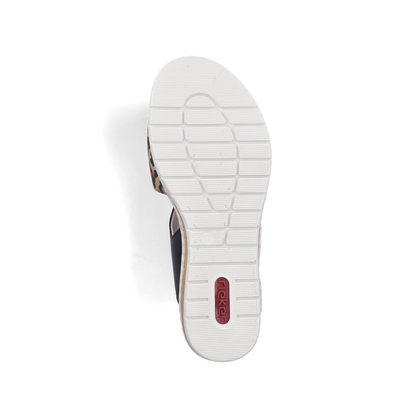 Schwarze Rieker Damen Riemchensandalen V4181-00 mit angesagtem Animal-Print. Schuh Laufsohle.