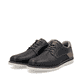 Blaue Rieker Herren Slipper 04551-14 mit modernen Ziernähten sowie Gummizug. Schuhpaar seitlich schräg.