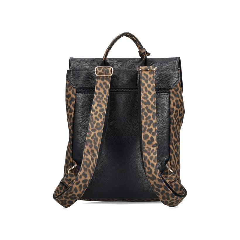 Rieker Rucksack H1357-24 in Animalprint mit bunten Details, Reißverschluss und Handyfach. Rückseite.