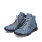 
Blaugraue Rieker Damen Schnürstiefel 71510-14 mit einer schockabsorbierenden Sohle. Schuhpaar schräg.