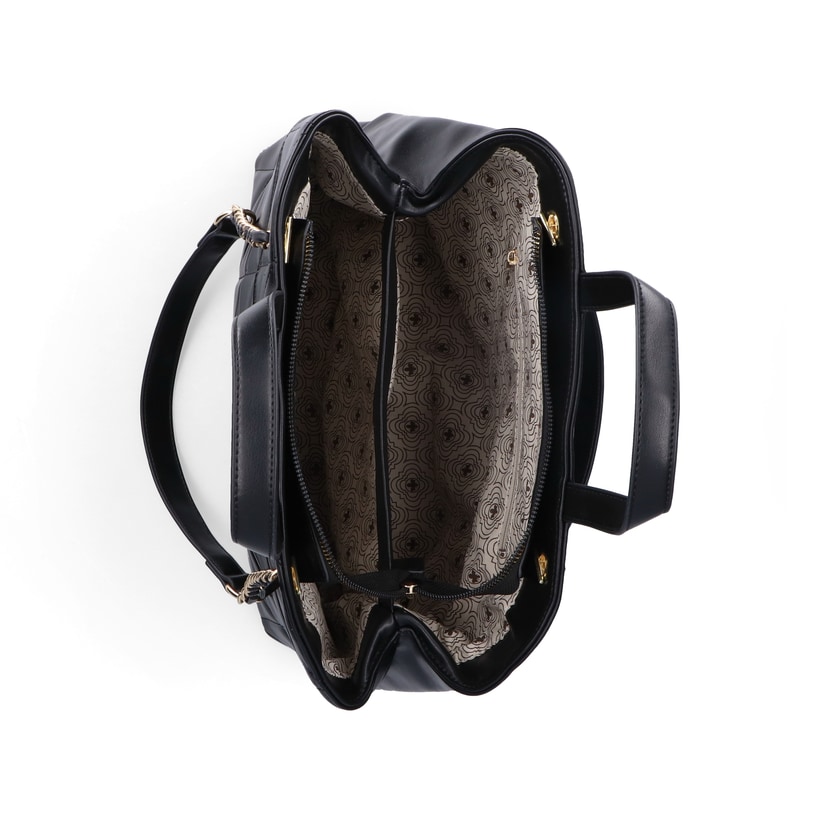 Rieker Shopper H1610-00 in Schwarz mit goldener verflochtener Kette, Reißverschluss und Innenfach. Geöffnet.