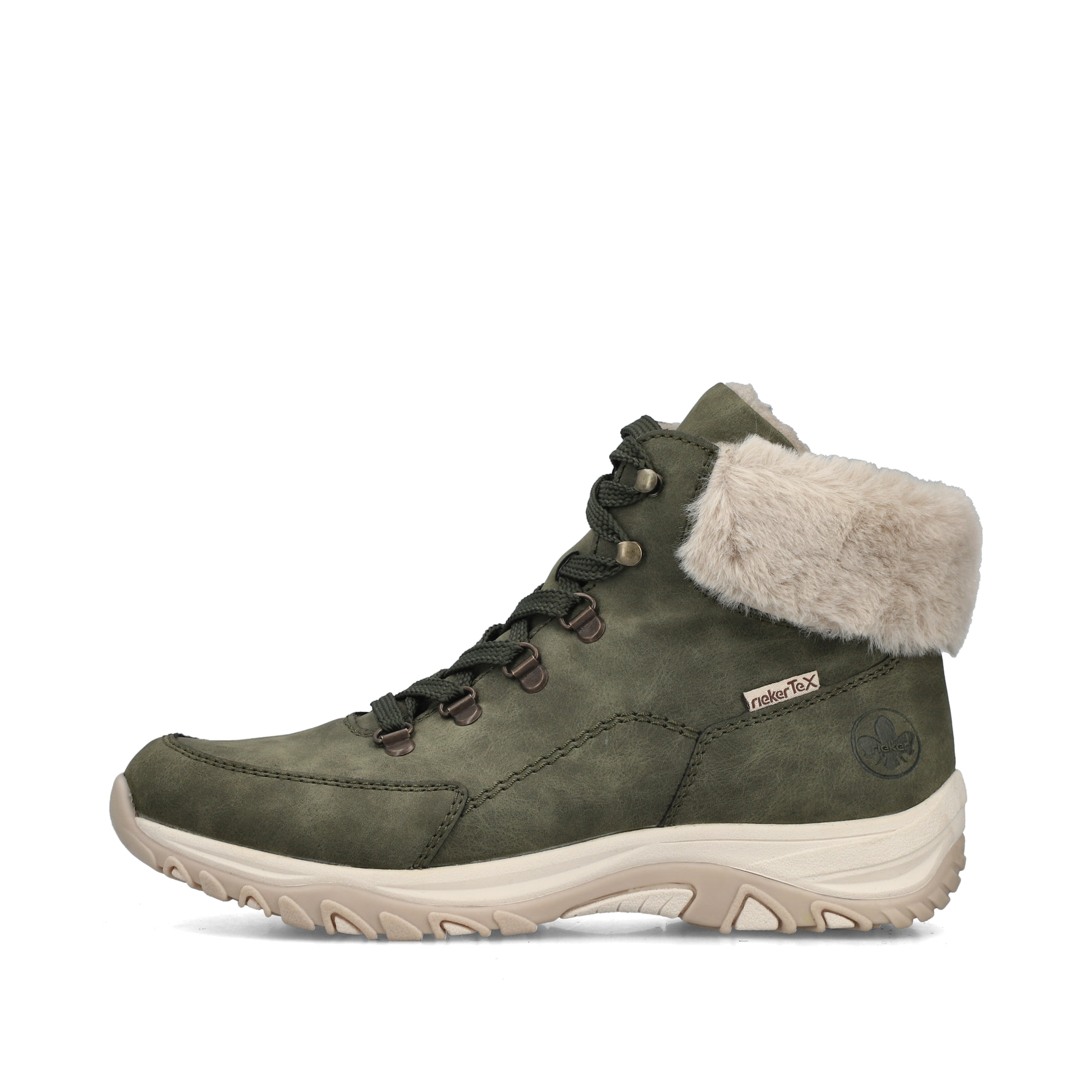 Grüne Rieker Damen Schnürstiefel M9610-54 mit wasserabweisender TEX-Membran. Schuh Außenseite.