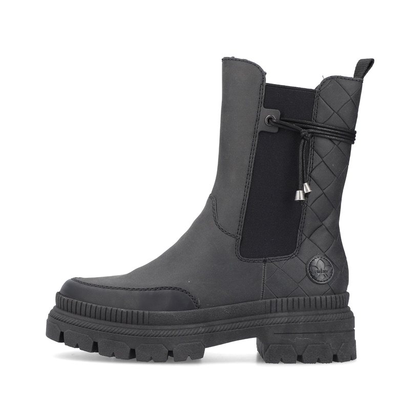 
Nachtschwarze Rieker Damen Chelsea Boots Y9371-00 mit einer leichten Profilsohle. Schuh Außenseite