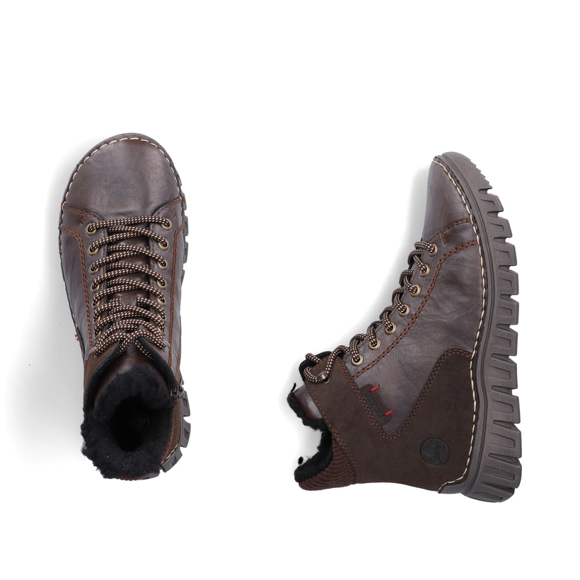 Dunkelbraune Rieker Damen Schnürstiefel 57512-25 mit einem Reißverschluss. Schuh von oben, liegend.
