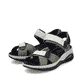 Grüne Rieker Damen Trekkingsandalen 67651-54 mit Rieker Air Sohlenfenster. Schuhpaar seitlich schräg.