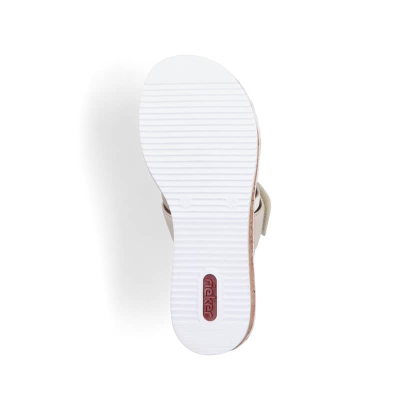 Beige Rieker Damen Pantoletten V3652-94 mit Klettverschluss sowie leichter Sohle. Schuh Laufsohle.