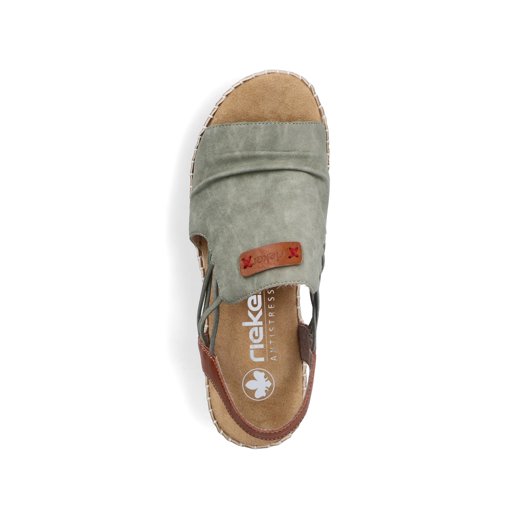 Grüne Rieker Keilsandaletten V1261-52 mit modischen Raffungen sowie Gummizug. Schuh von oben.