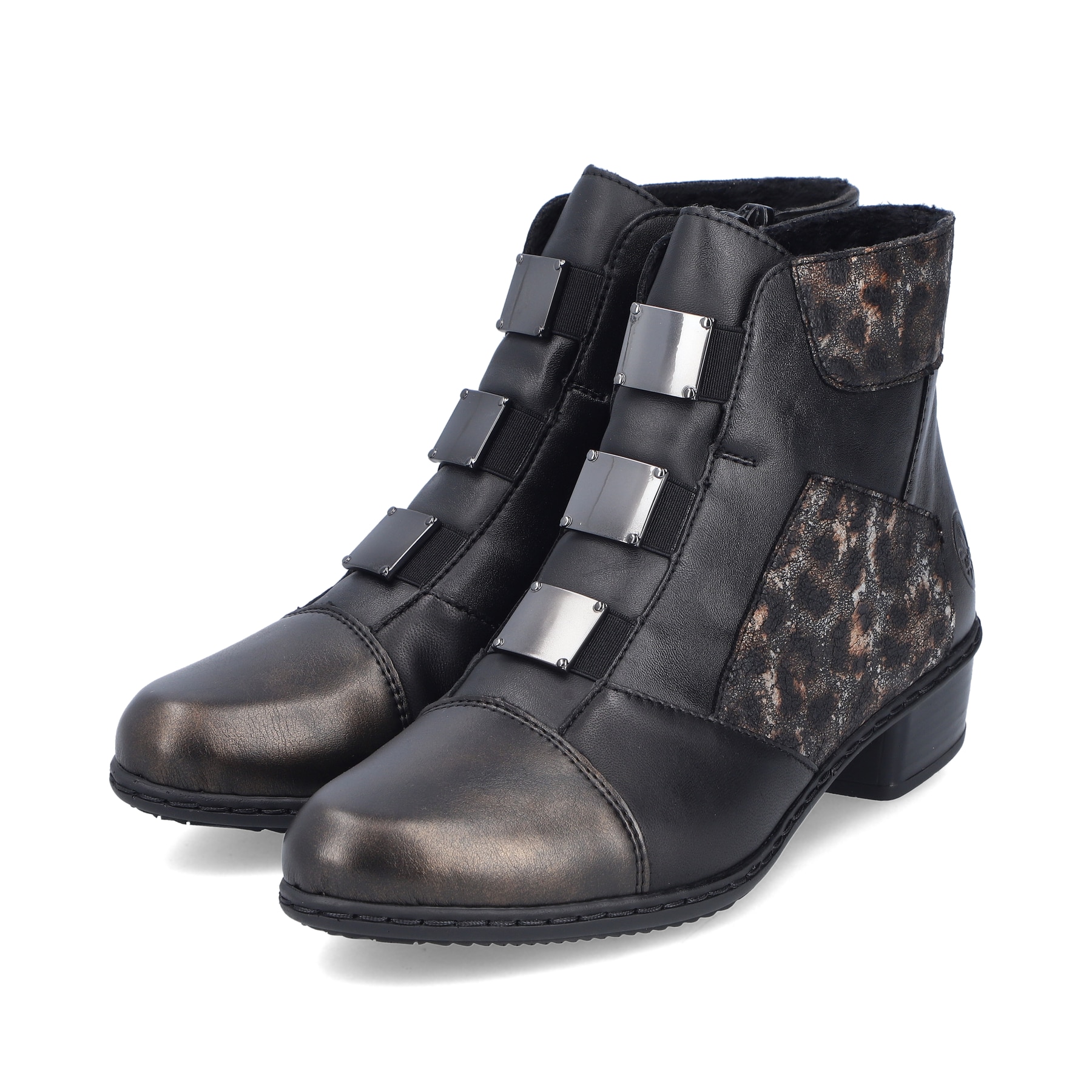 Schwarz-bronzene Rieker Damen Stiefeletten Y0764-00 mit einem Reißverschluss. Schuhpaar seitlich schräg.
