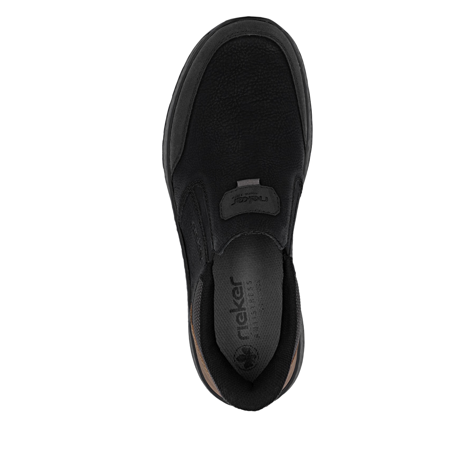Mocassins Rieker noirs pour homme B9057-00 avec bande élastique. Semelle extérieure de la chaussure.