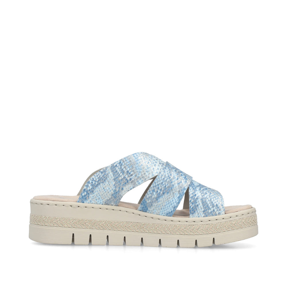 Blaue Rieker Damen Pantoletten V4989-10 mit angesagtem Animal-Print. Schuh Innenseite.