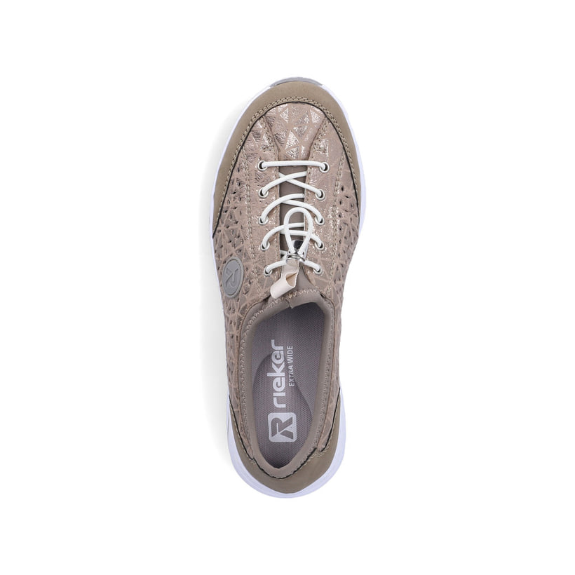 Beige Rieker Damen Slipper 53151-64 mit metallischem Finish sowie einem Gummizug. Schuh von oben.