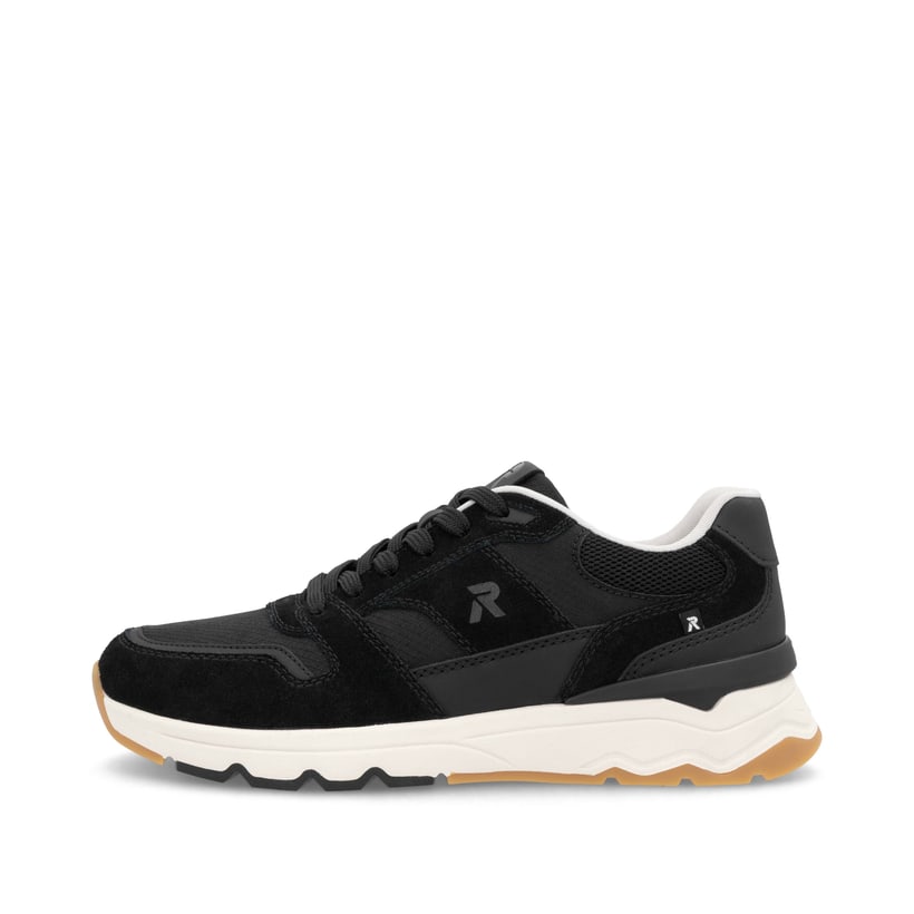 Schwarze Rieker Herren Sneaker Low U0905-00 mit Schnürung sowie flexibler Sohle. Schuh Außenseite.