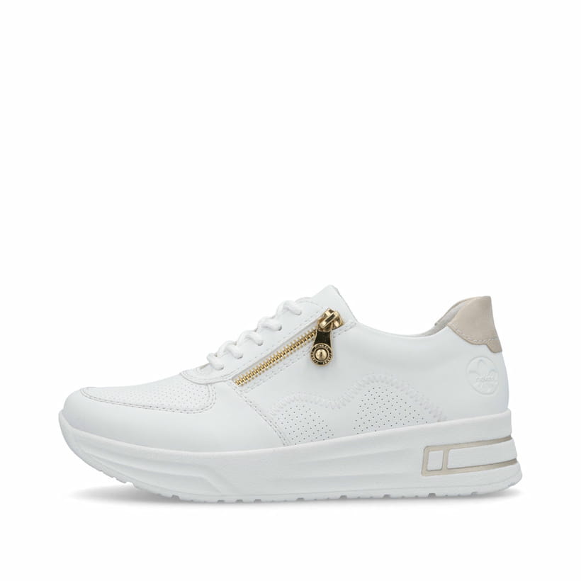 Weiße Rieker Damen Sneaker Low N8100-80 mit modernen Ziernähten. Schuh Außenseite.