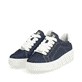 Blaue Rieker Damen Sneaker Low W0501-14 mit dämpfender und ultra leichter Sohle. Schuhpaar seitlich schräg.