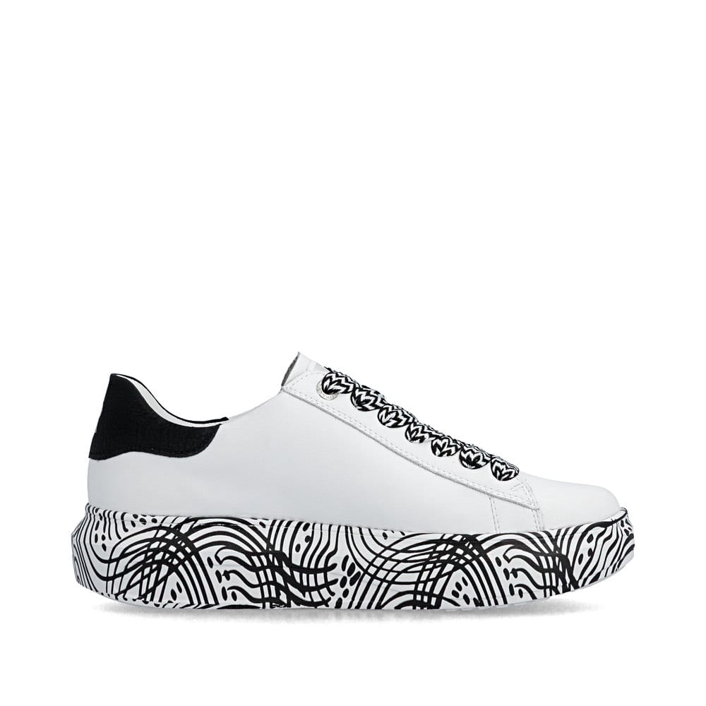 Baskets basses Rieker blanches pour femme W1201-83 en cuir lisse. Côté intérieur de la chaussure.